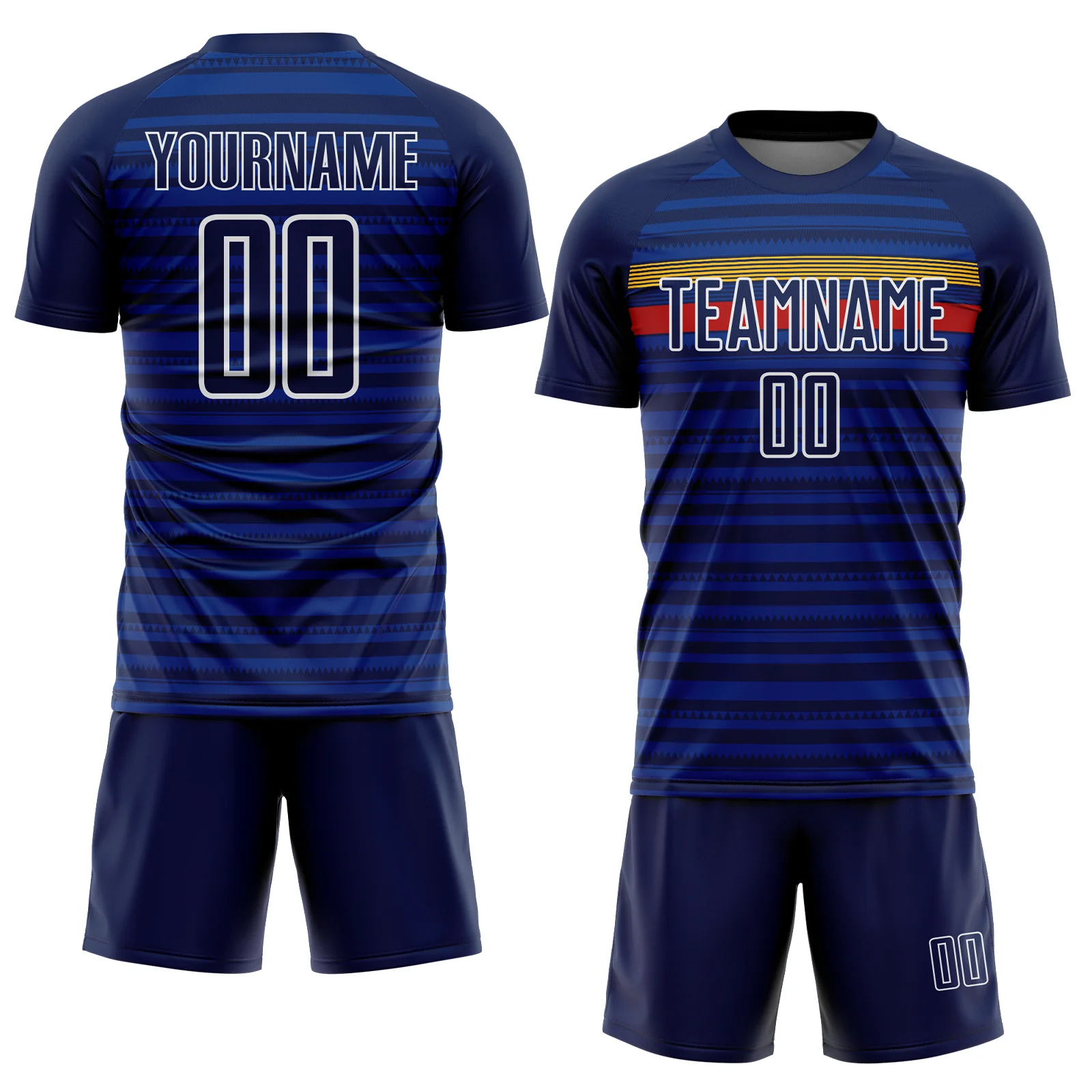 Custom Royal Navy Yellow-Red Colombia Horizontal Stripes Geometric Aztec Tribal Pattern Sublimation Soccer Uniform Jersey - Image 2