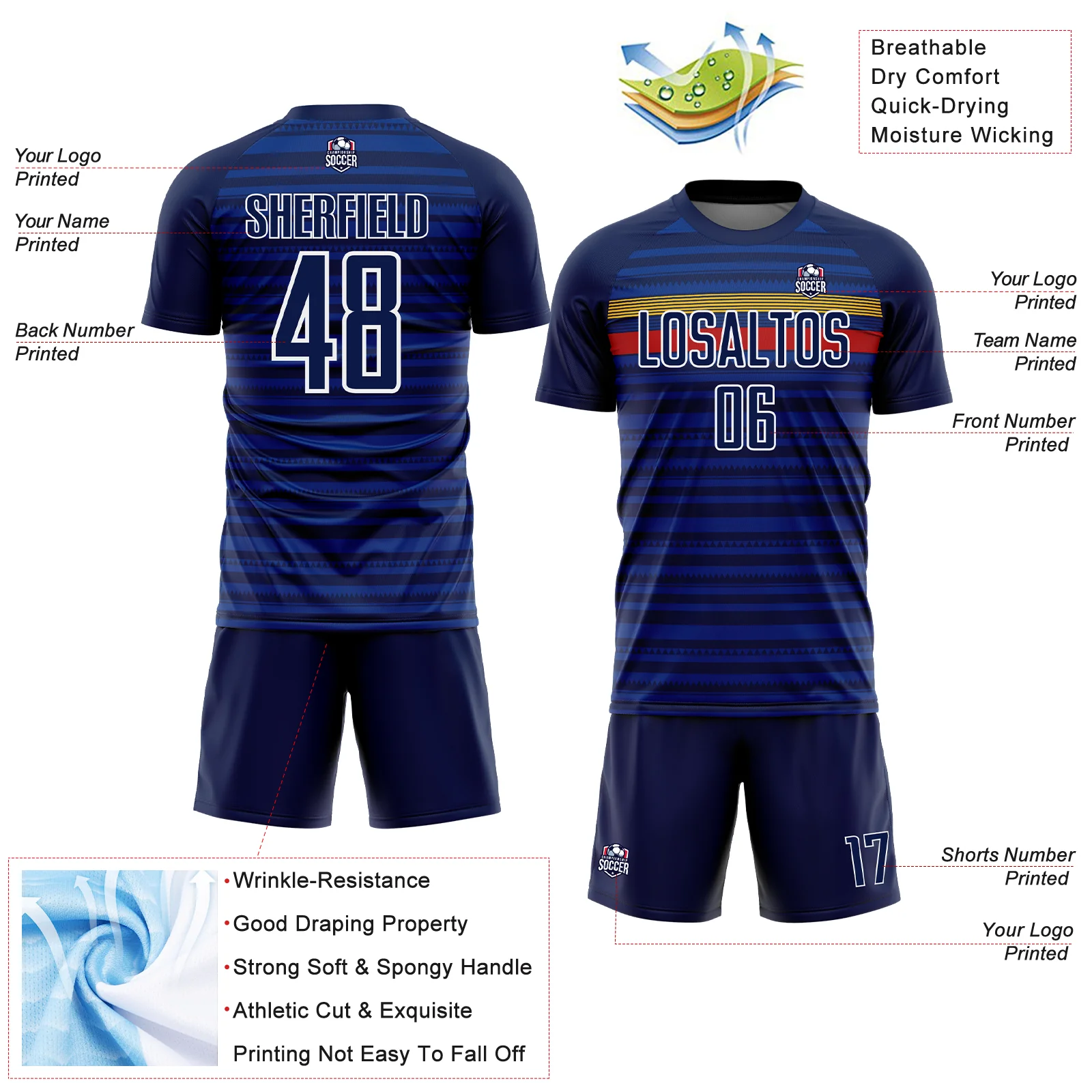 Custom Royal Navy Yellow-Red Colombia Horizontal Stripes Geometric Aztec Tribal Pattern Sublimation Soccer Uniform Jersey - Image 4