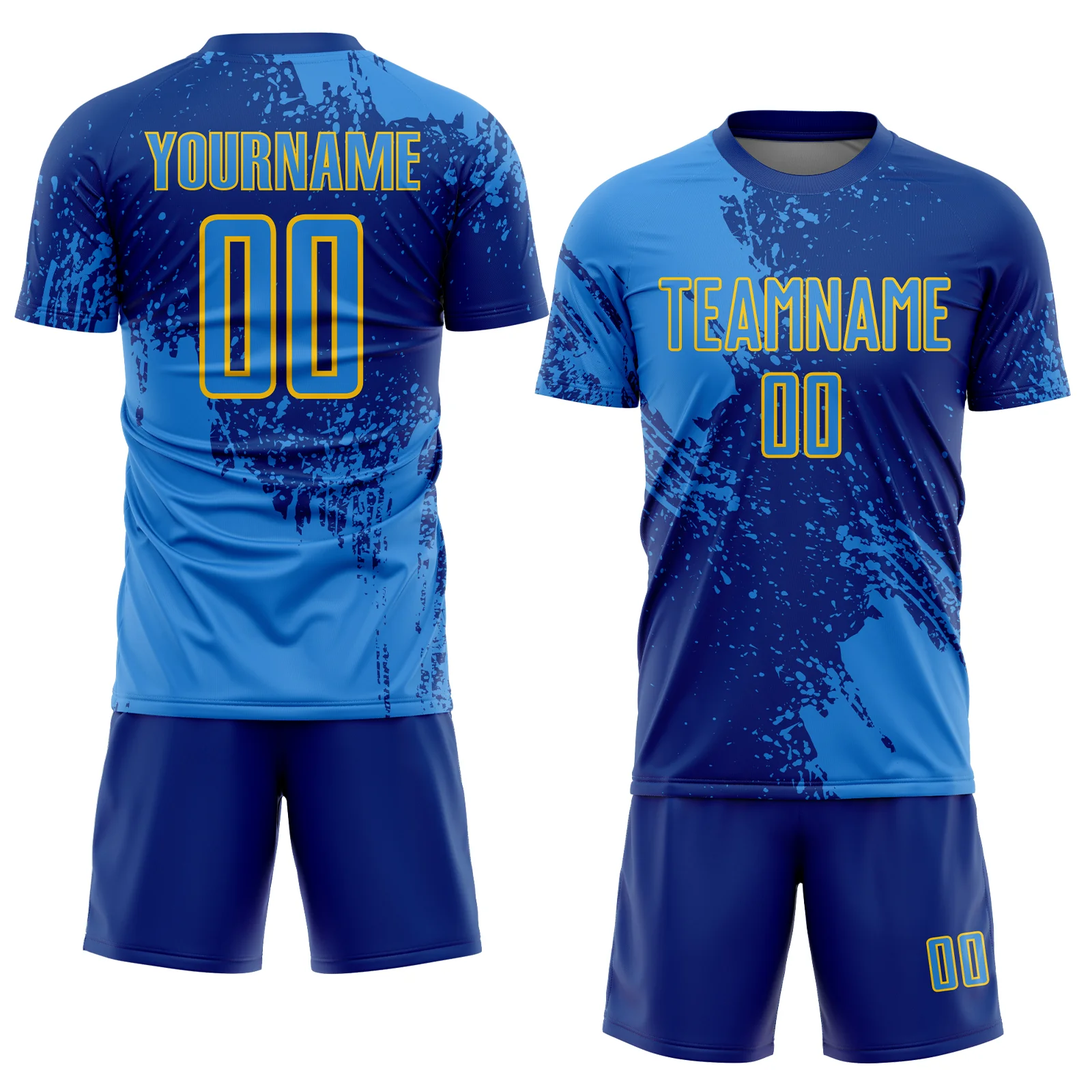 Custom Royal Powder Blue-Yellow Abstract Brush Stroke Sports Sublimation Soccer Uniform Jersey - Image 2