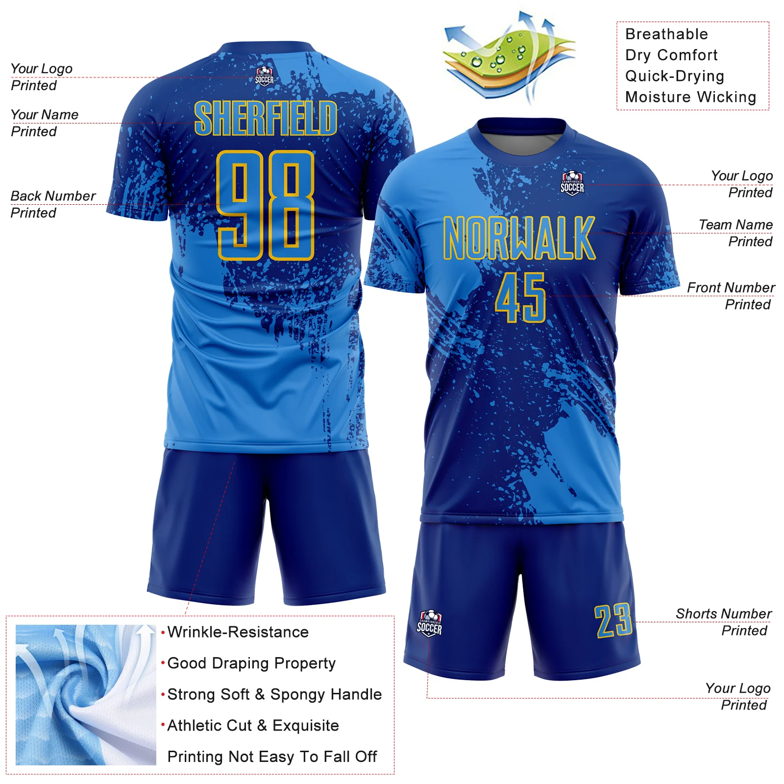 Custom Royal Powder Blue-Yellow Abstract Brush Stroke Sports Sublimation Soccer Uniform Jersey - Image 4