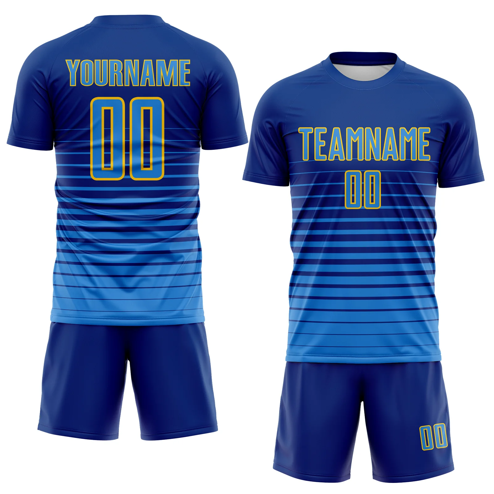 Custom Royal Powder Blue-Yellow Gradient Pinstripe Sublimation Soccer Uniform Jersey - Image 2