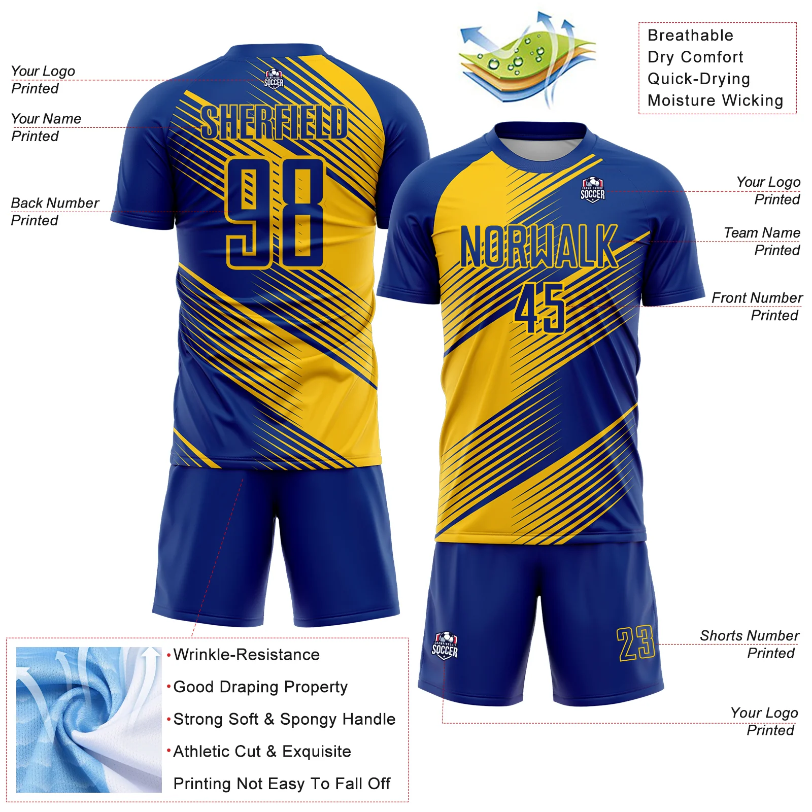Custom Royal Yellow Line Sublimation Soccer Uniform Jersey - Image 4