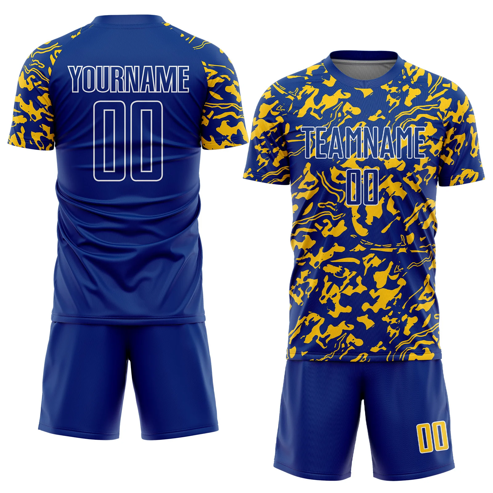 Custom Royal Yellow-White Liquid Fluid Pattern Sports Sublimation Soccer Uniform Jersey - Image 2