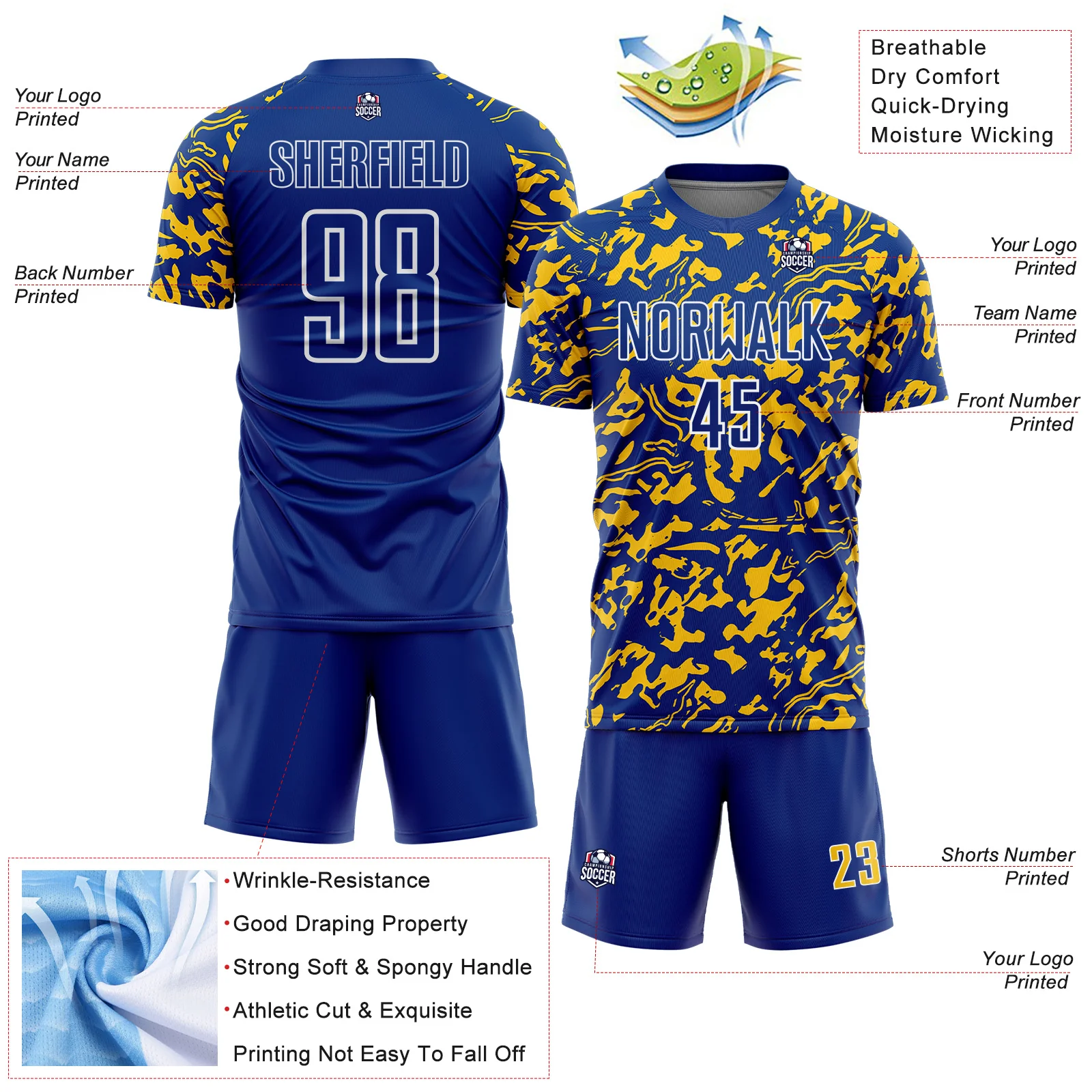 Custom Royal Yellow-White Liquid Fluid Pattern Sports Sublimation Soccer Uniform Jersey - Image 4