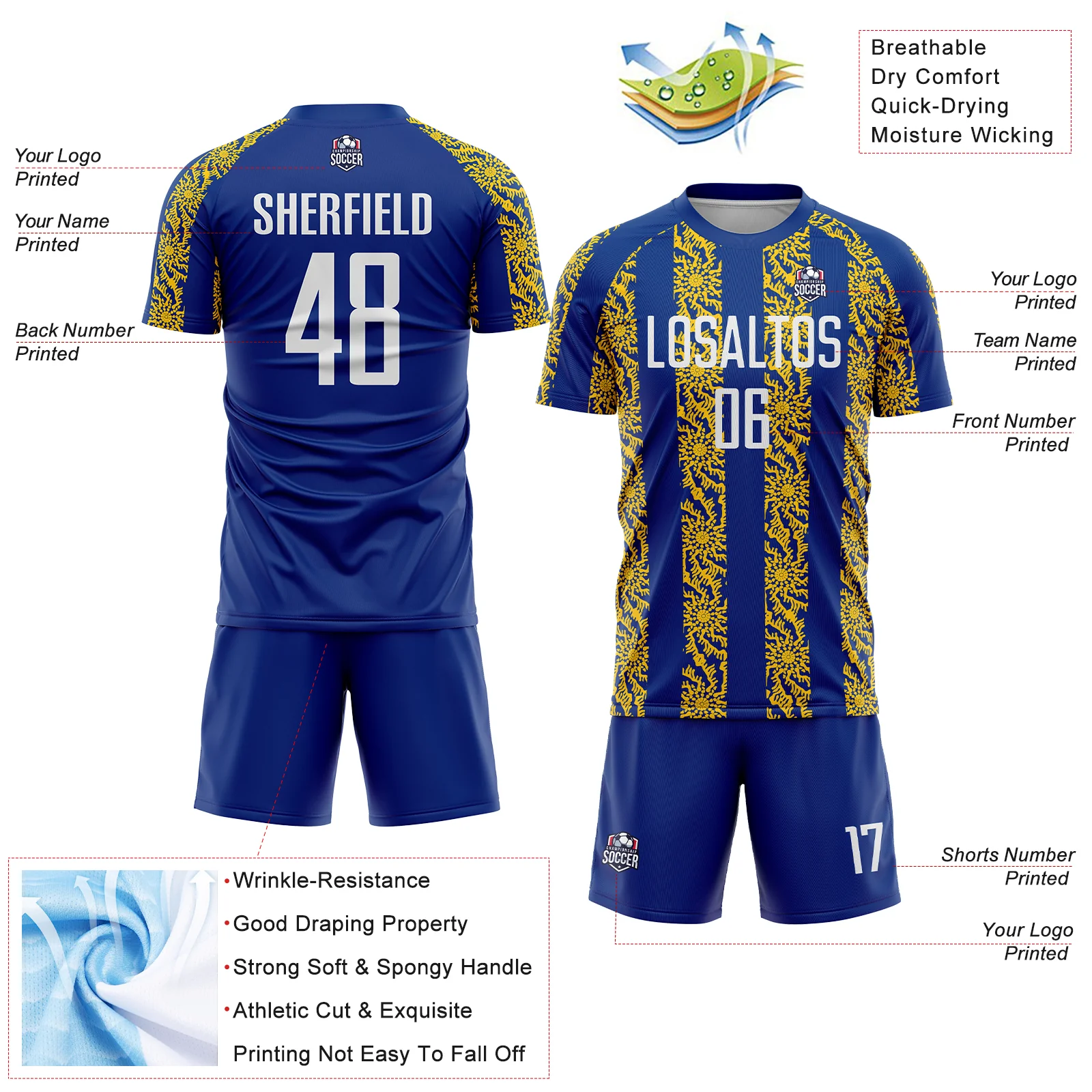 Custom Royal White-Yellow Abstract Shape Sublimation Soccer Uniform Jersey - Image 4