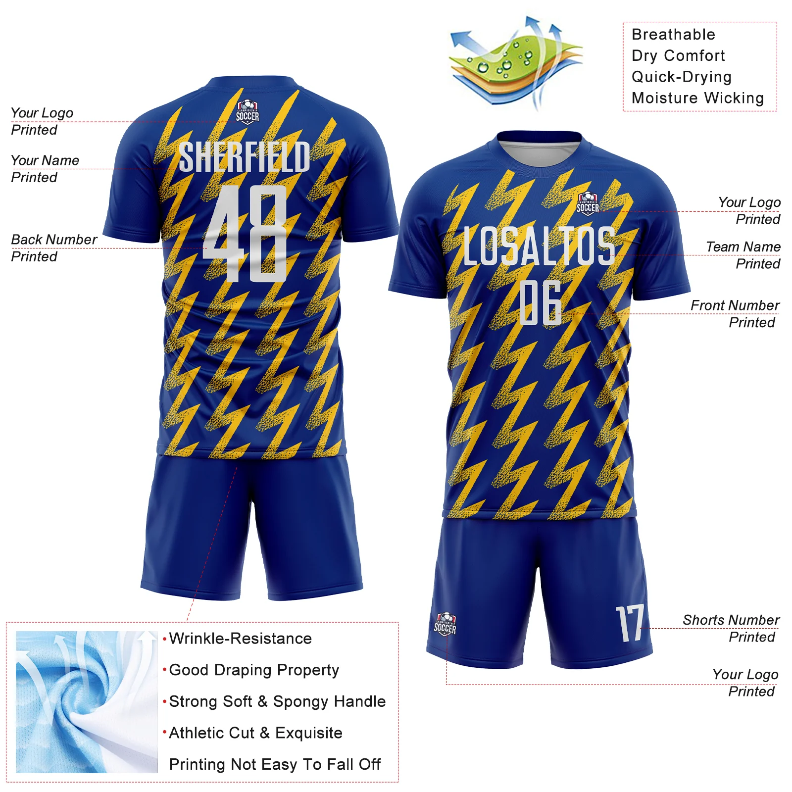Custom Royal White-Yellow Zigzag Shape Sublimation Soccer Uniform Jersey - Image 4