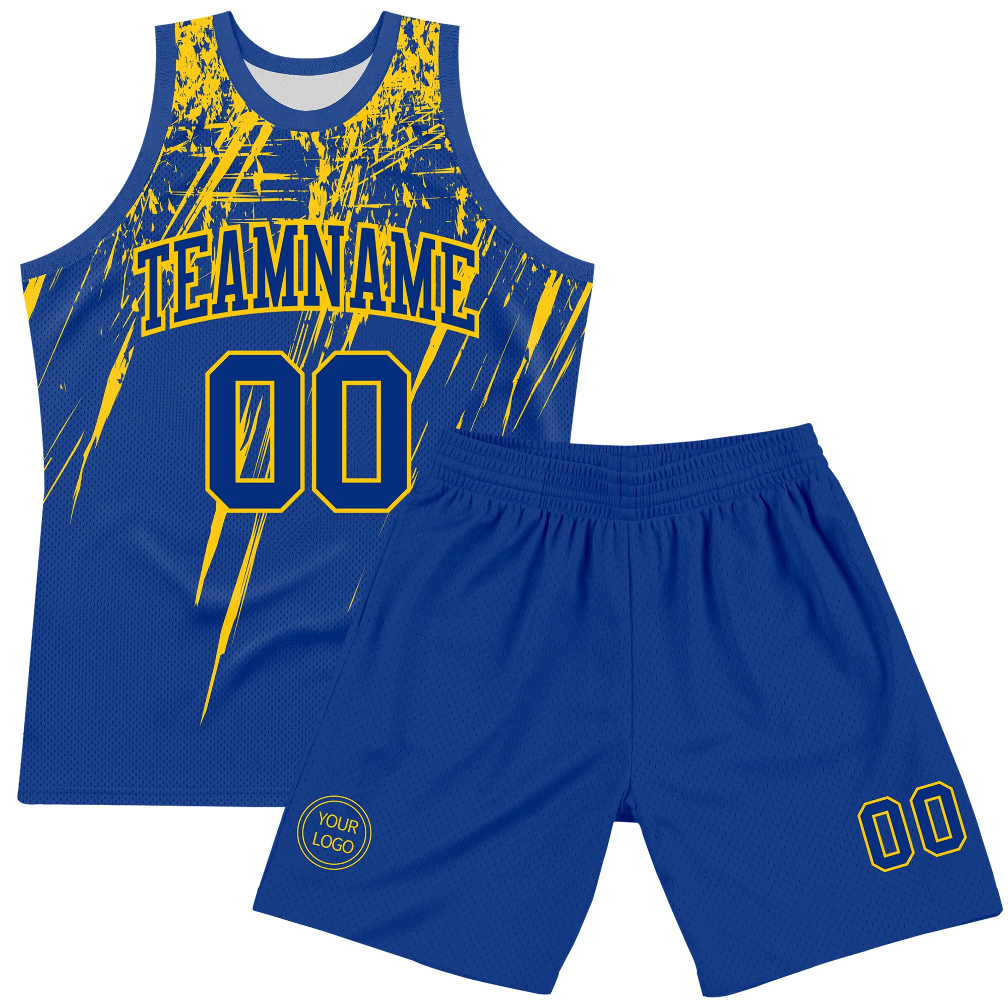 Custom Royal Yellow Splash Round Neck Sublimation Basketball Suit Jersey - Image 2