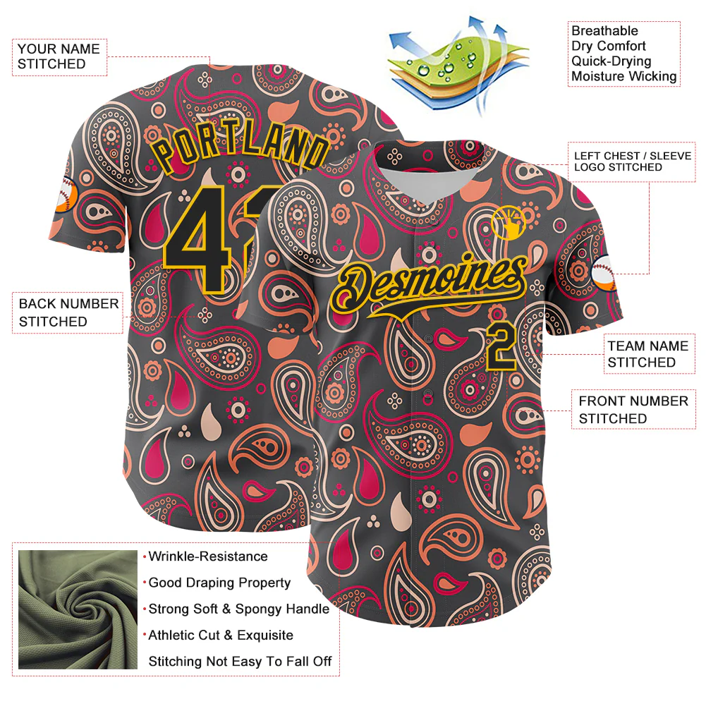 Custom Steel Gray Black-Yellow 3D Pattern Design Burner Costumes Paisley Bandana Authentic Baseball Jersey - Image 3
