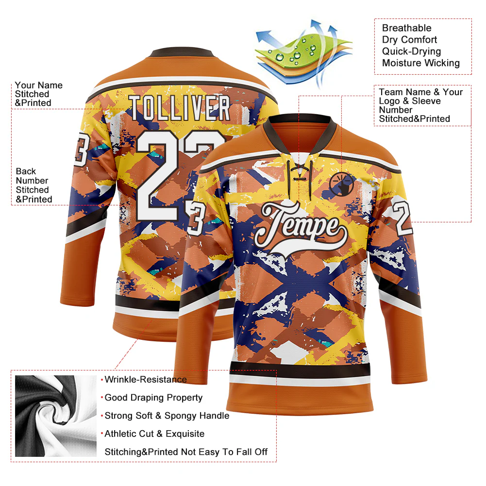 Custom Texas Orange White Yellow Blue-Brown Tribal Indigenous Grunge Splash Hockey Lace Neck Jersey - Image 5