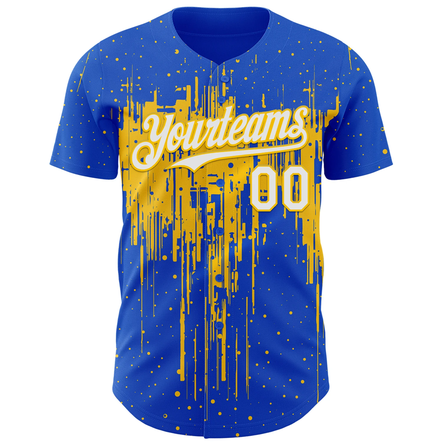 Custom Thunder Blue White-Yellow Dripping Splatter Paint Authentic Baseball Jersey - Image 2