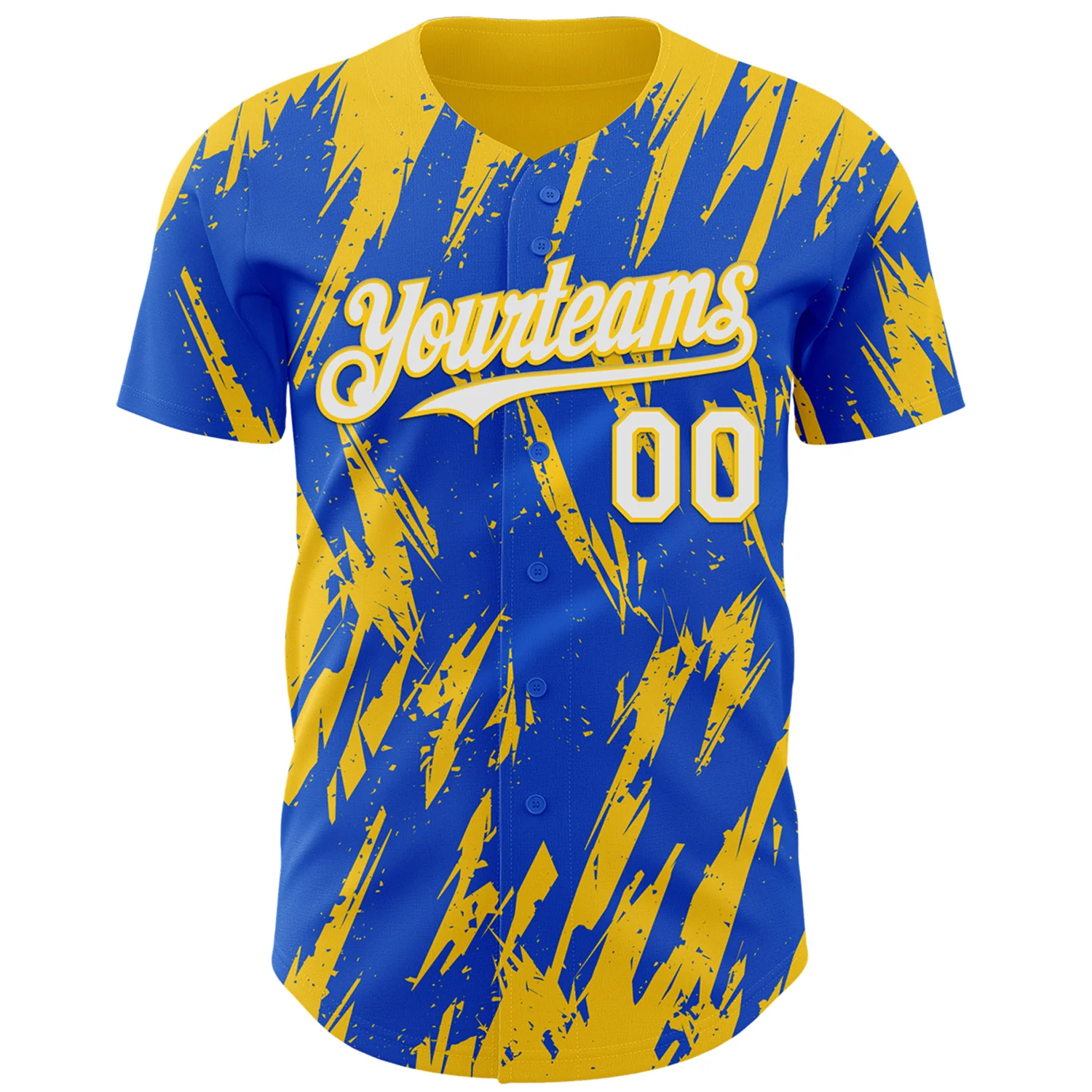 Custom Thunder Blue White-Yellow Splatter Torn Sharp Brush Stroke Authentic Baseball Jersey - Image 2