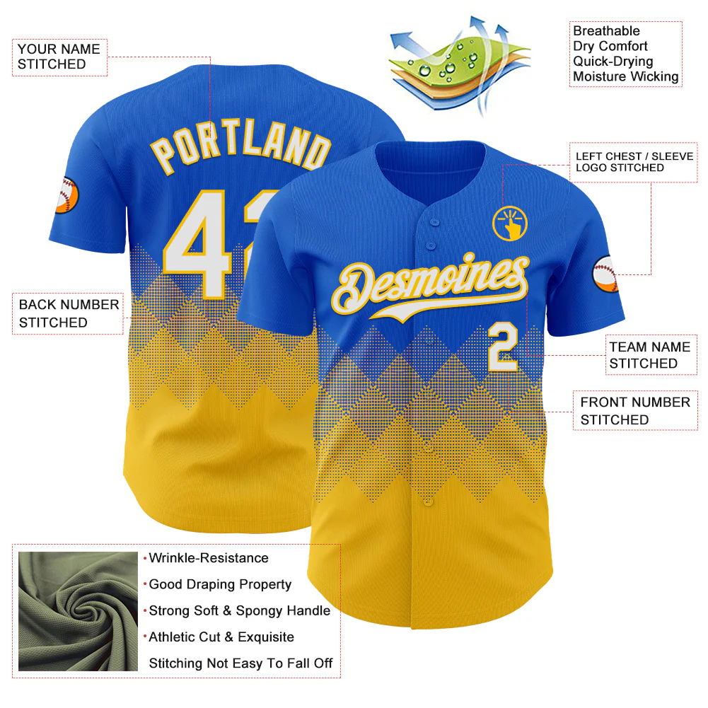 Custom Thunder Blue White-Yellow 3D Gradient Square Shape Authentic Baseball Jersey - Image 3
