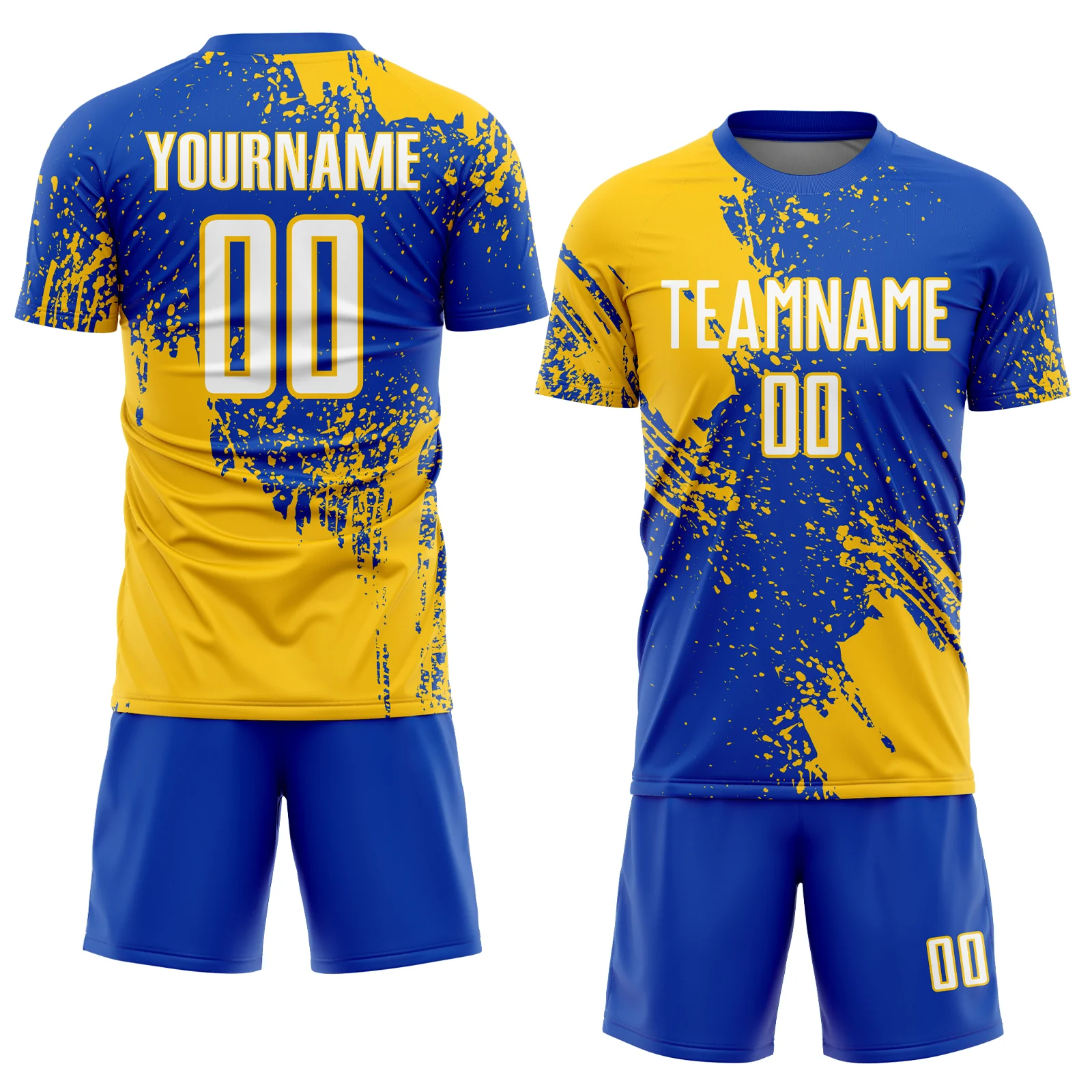 Custom Thunder Blue White-Yellow Abstract Brush Stroke Sports Sublimation Soccer Uniform Jersey - Image 2