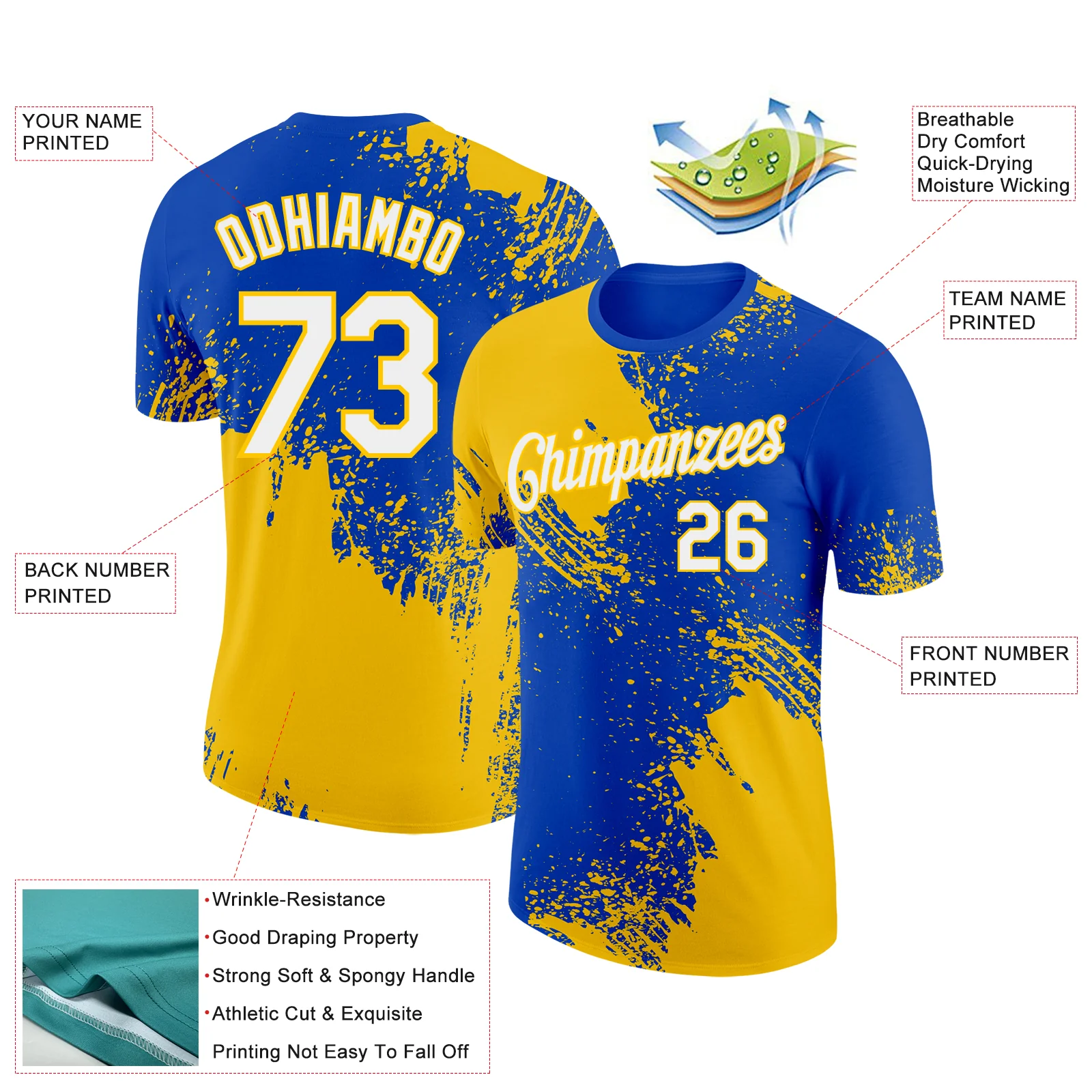 Custom Thunder Blue White-Yellow 3D Pattern Design Abstract Brush Stroke Performance T-Shirt - Image 2