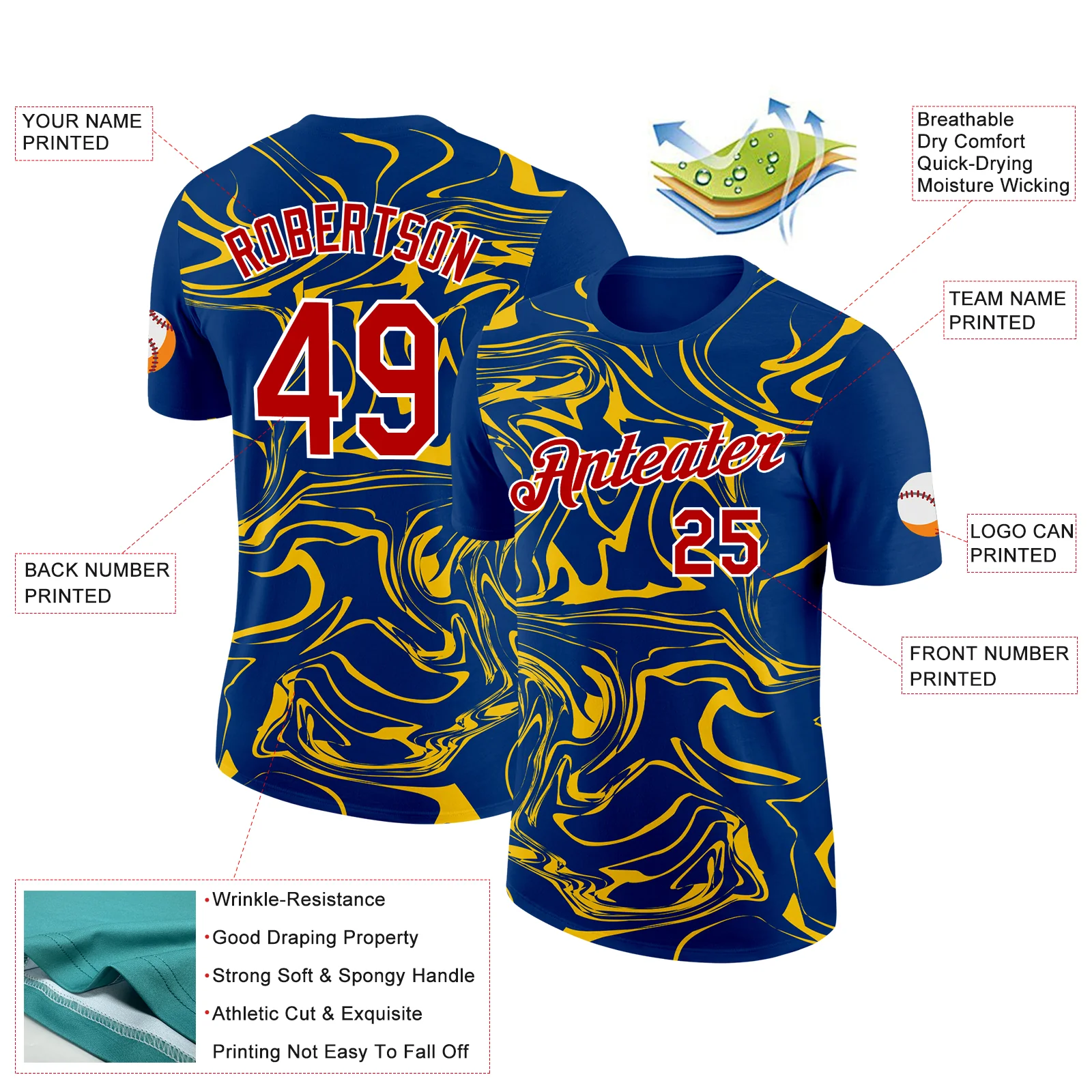 Custom US Navy Blue Red-Yellow 3D Esports Performance T-Shirt - Image 2