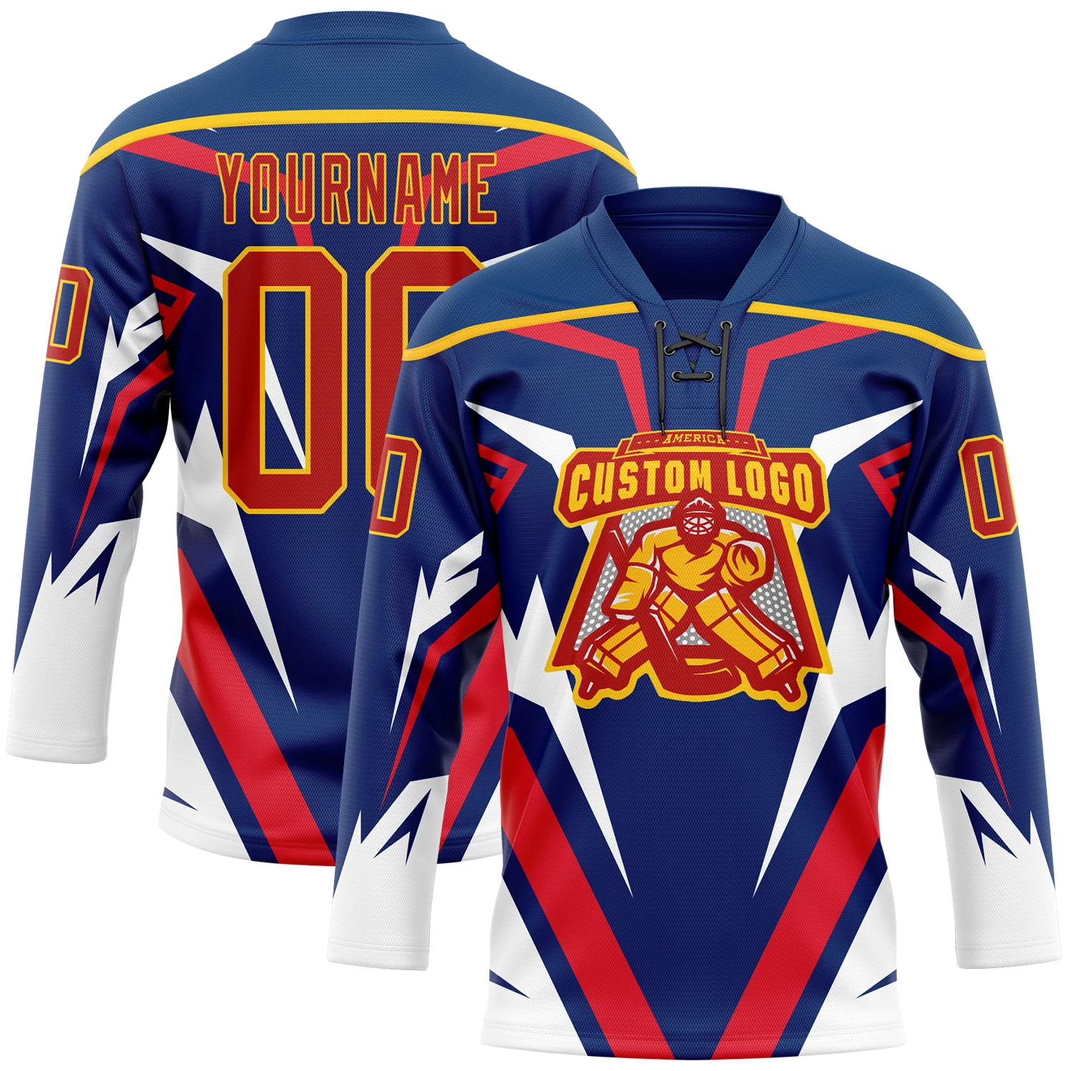 Custom US Navy Blue Red Yellow-White Abstract Pattern Graphic Cyber Mecha E-sport Hockey Lace Neck Jersey - Image 2