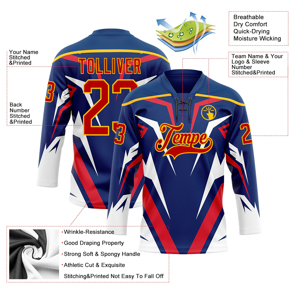 Custom US Navy Blue Red Yellow-White Abstract Pattern Graphic Cyber Mecha E-sport Hockey Lace Neck Jersey - Image 5