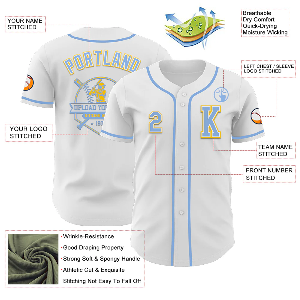 Custom White Light Blue-Yellow Authentic Baseball Jersey - Image 6