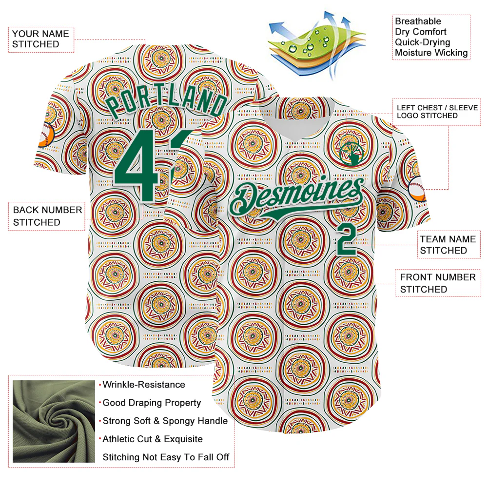 Custom White Kelly Green Yellow-Red 3D Pattern Design Black History Month African Ethnicity Style Authentic Baseball Jersey - Image 3