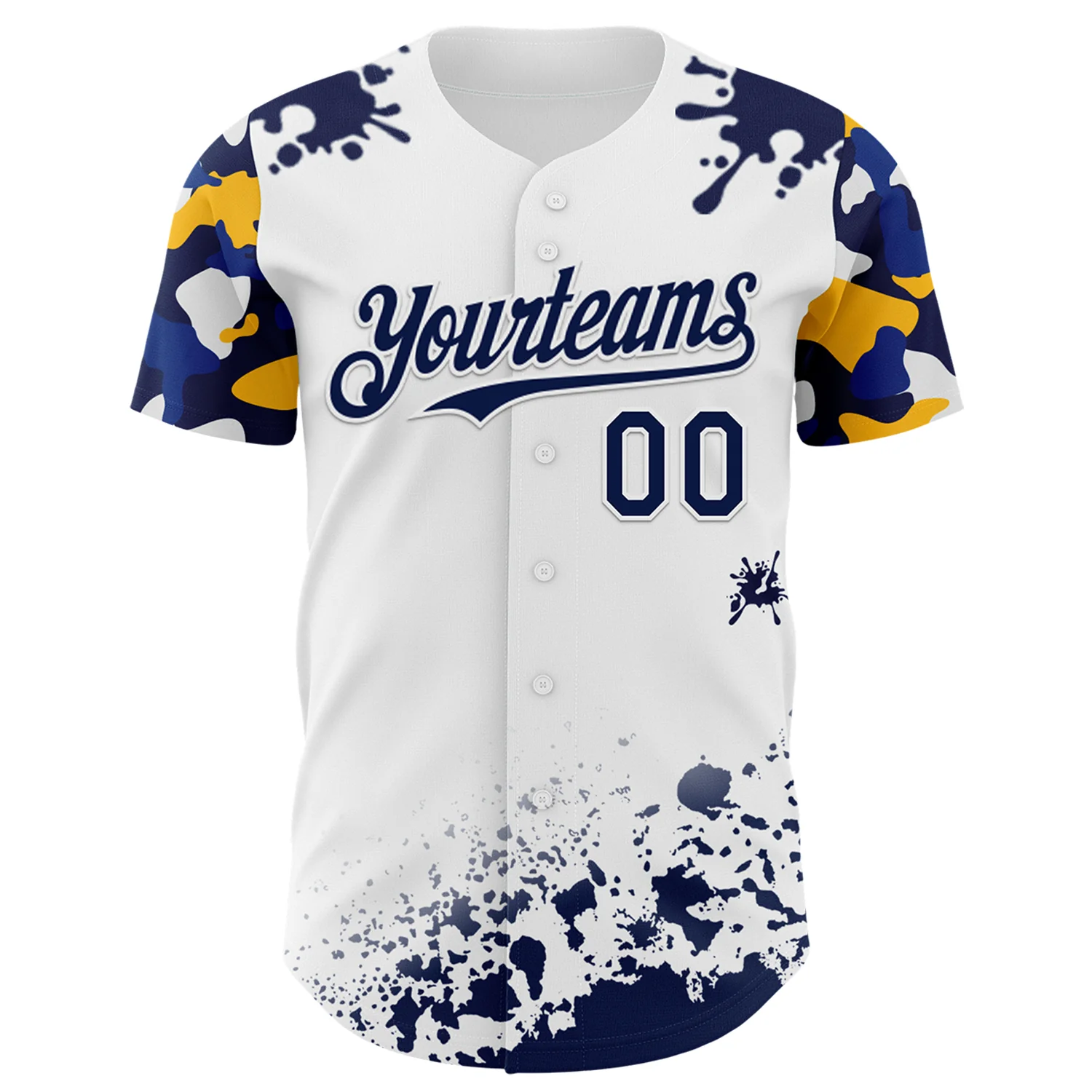 Custom White Navy-Yellow Splatter Camo Two Tone Authentic Baseball Jersey - Image 2