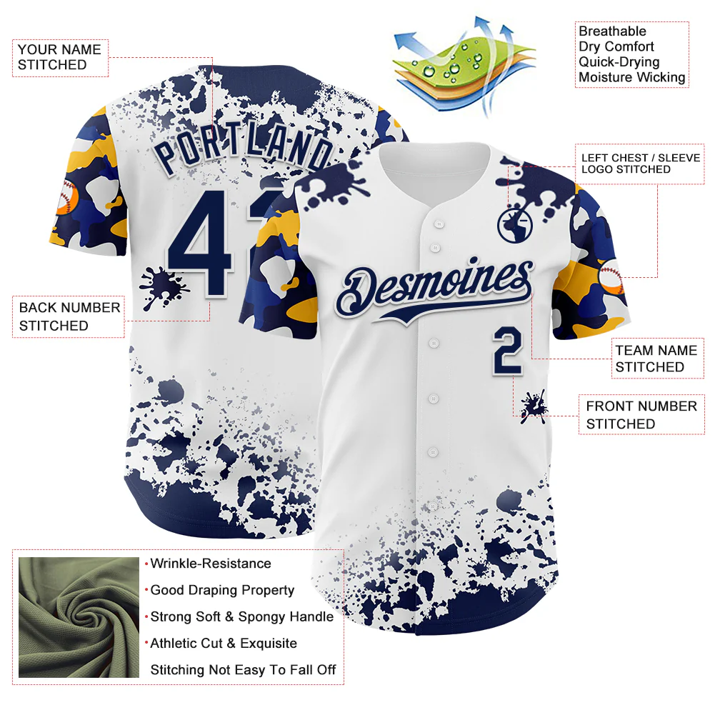Custom White Navy-Yellow Splatter Camo Two Tone Authentic Baseball Jersey - Image 3