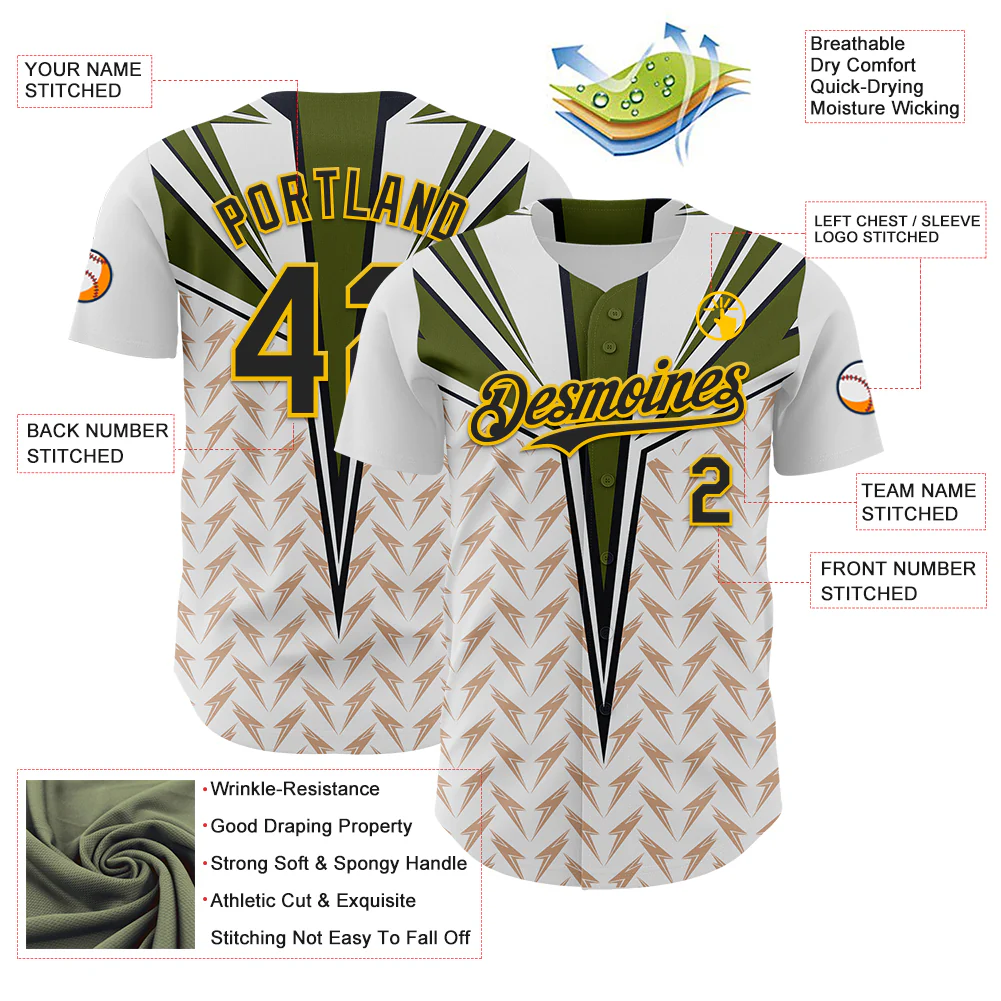 Custom White Black-Yellow 3D Pattern Design Burner Costumes Lightning Authentic Baseball Jersey - Image 3
