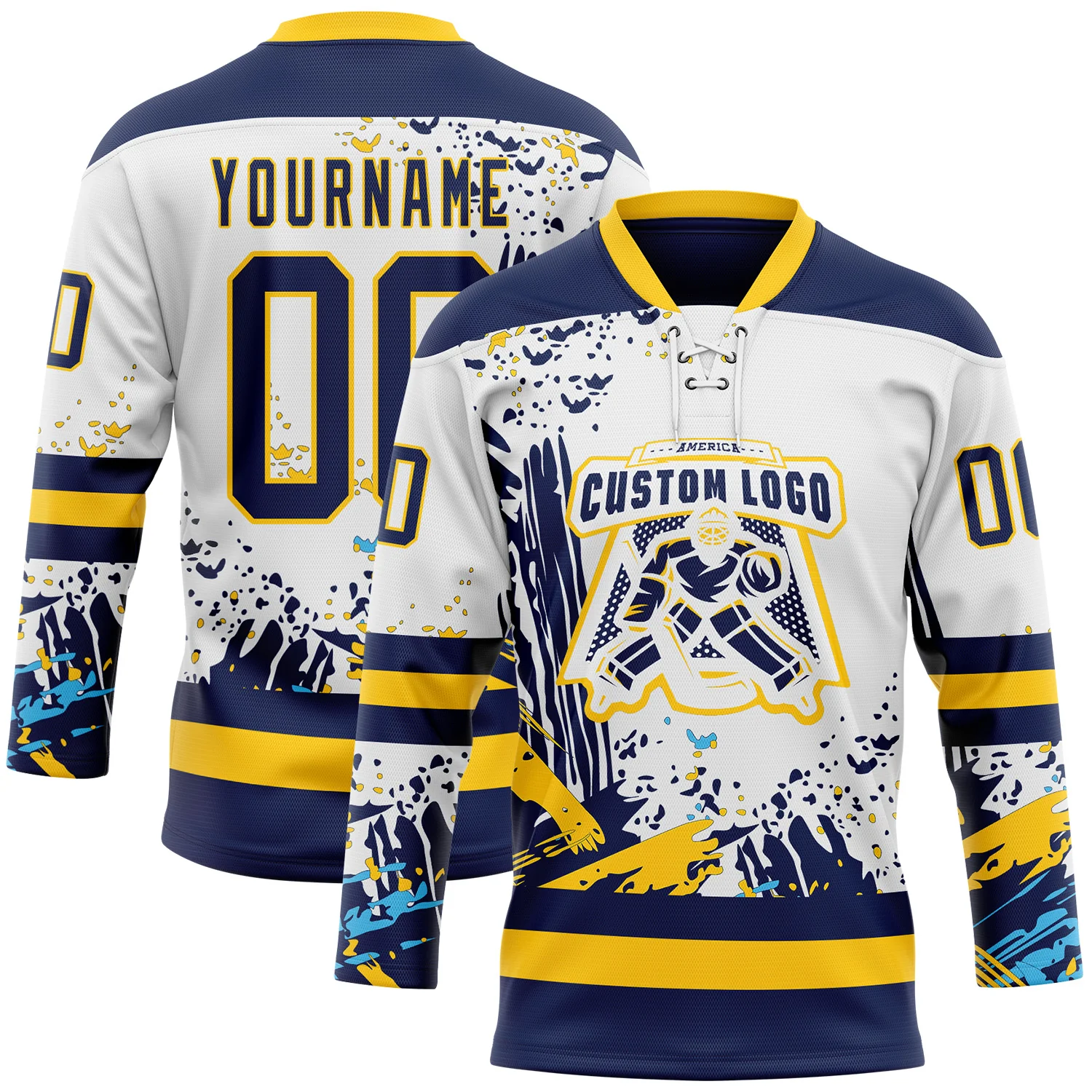 Custom White Navy-Yellow Abstract Splatter Paint Hockey Lace Neck Jersey - Image 2