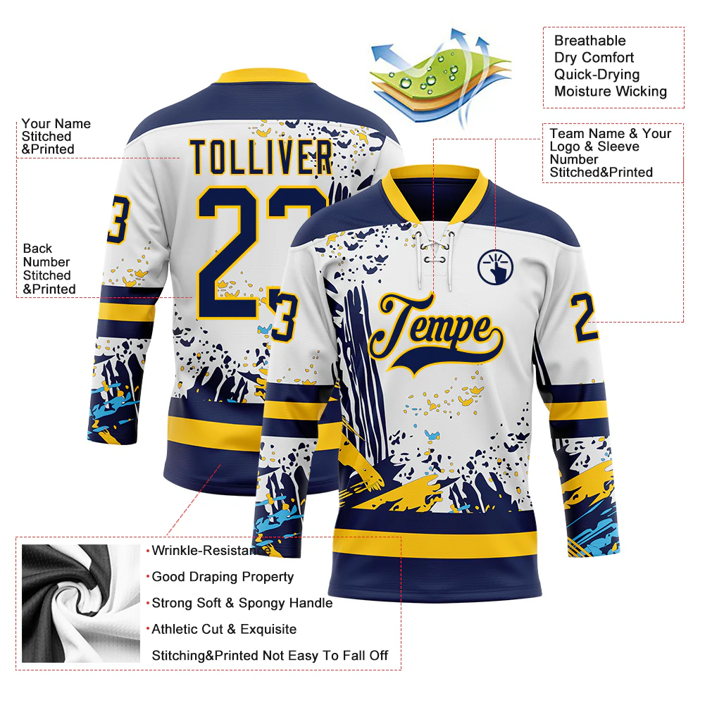 Custom White Navy-Yellow Abstract Splatter Paint Hockey Lace Neck Jersey - Image 5