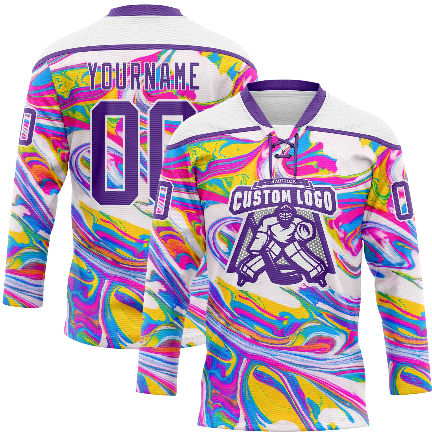 Custom White Purple Yellow Pink-Blue Trippy Psychedelic Fluid Hockey Lace Neck Jersey - Image 2