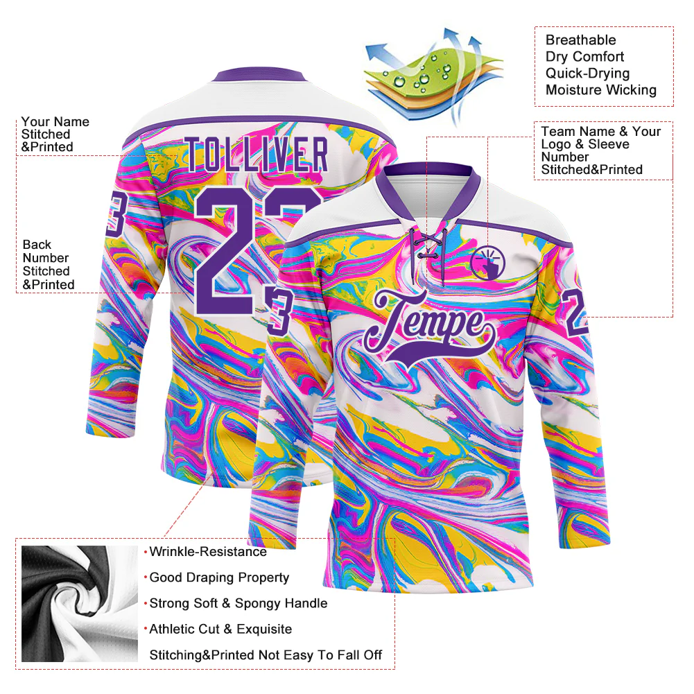 Custom White Purple Yellow Pink-Blue Trippy Psychedelic Fluid Hockey Lace Neck Jersey - Image 5
