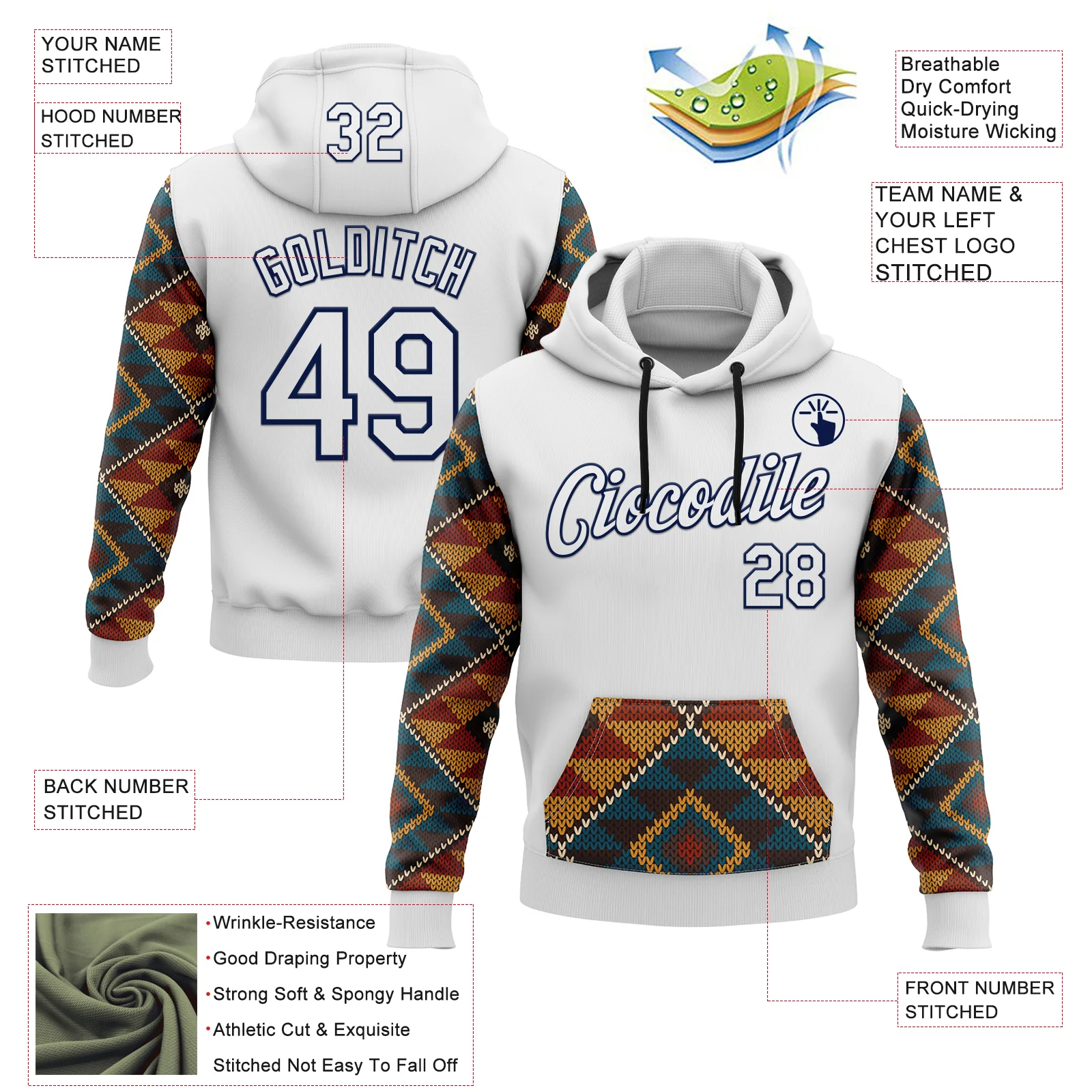 Custom Stitched White Yellow Red Blue-Navy 3D Mexico Aztec Pattern Sports Pullover Sweatshirt Hoodie - Image 2