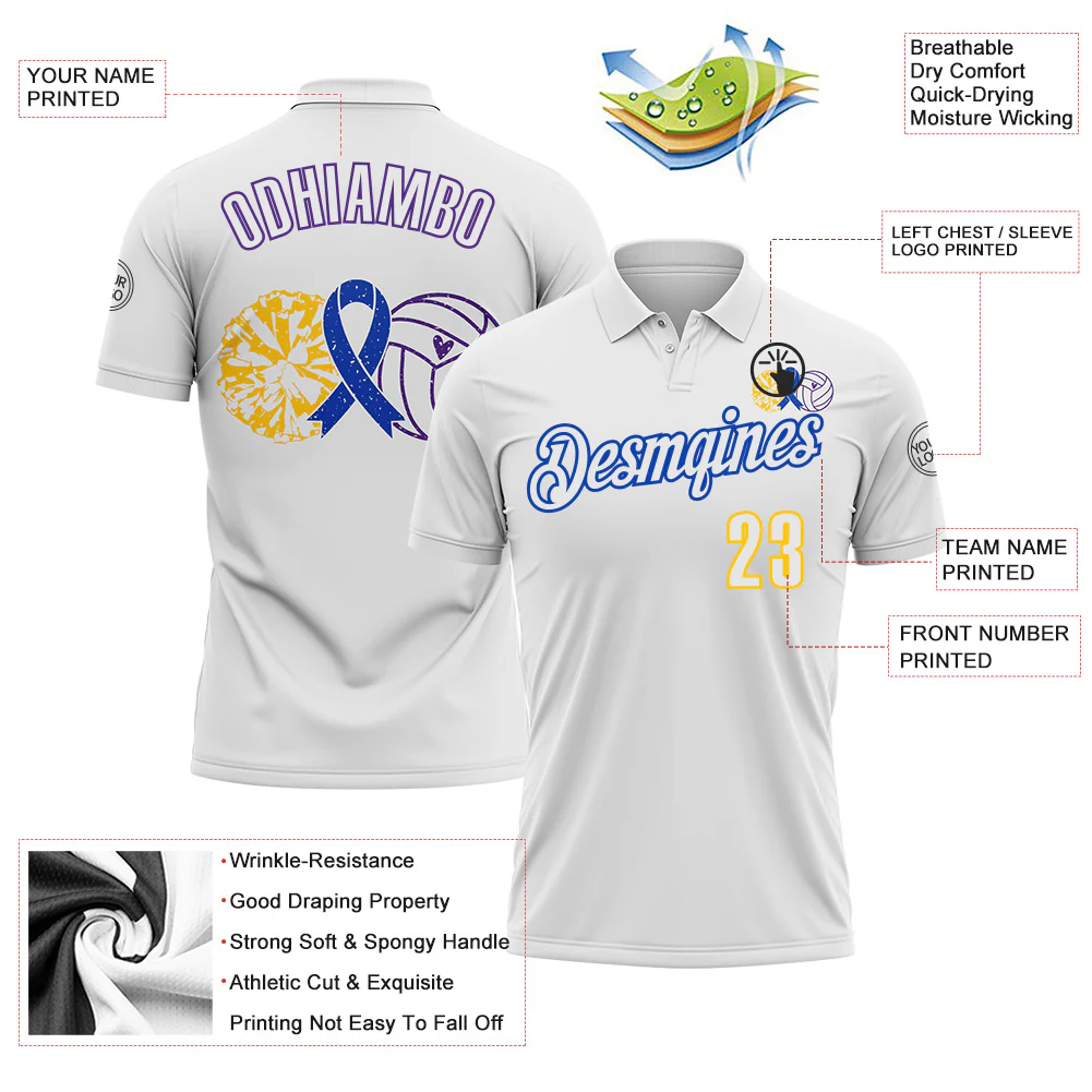 Custom White Yellow Thunder Blue-Purple 3D Pattern Design Dark Blue Ribbon Colorectal Cancer Awareness Colon Volleyball Performance Polo Shirt - Image 3