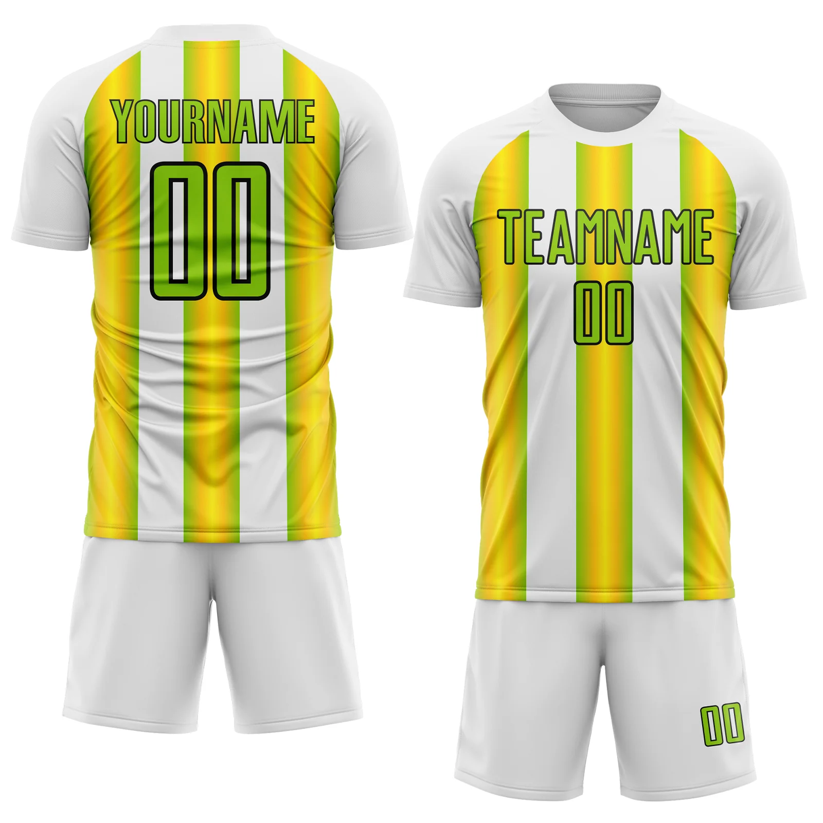 Custom White Neon Green Yellow-Black Stripes Sports Sublimation Soccer Uniform Jersey - Image 2