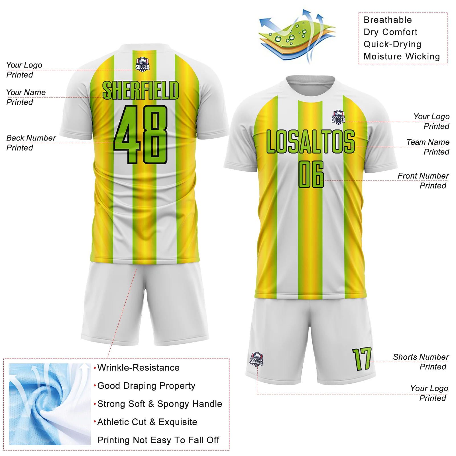 Custom White Neon Green Yellow-Black Stripes Sports Sublimation Soccer Uniform Jersey - Image 4